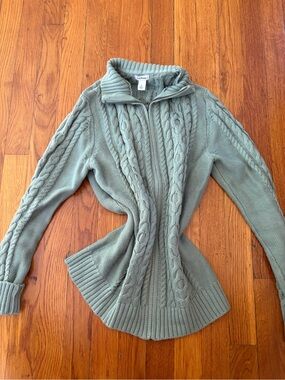 L.L. Bean Cable-Knit Zip Turtleneck Sweater - Sage Green